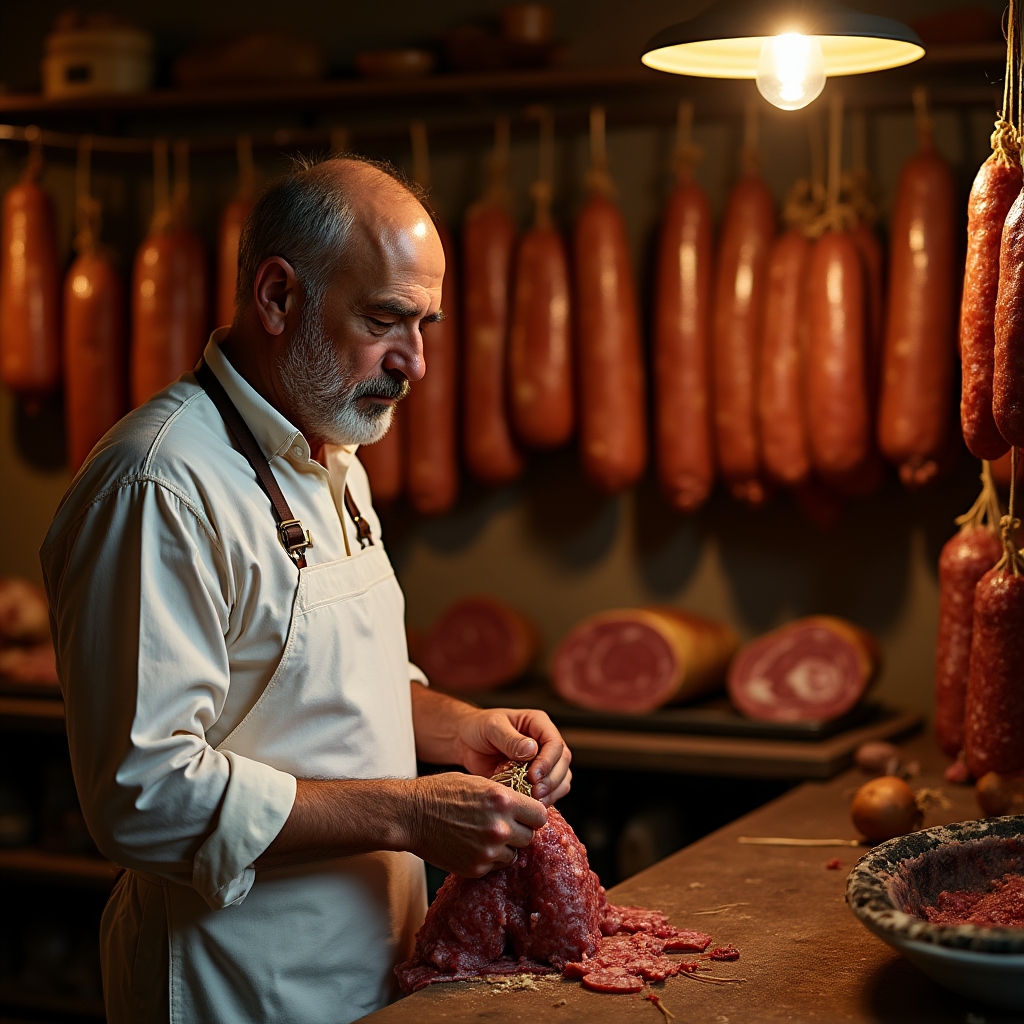 Artigiano norcineria che lavora salumi tradizionali in Umbria