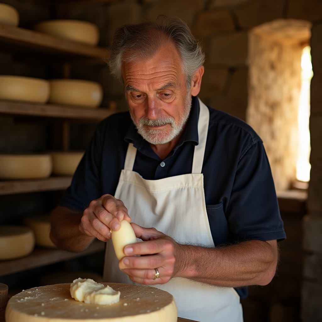 Produttore artigianale italiano al lavoro nel suo caseificio